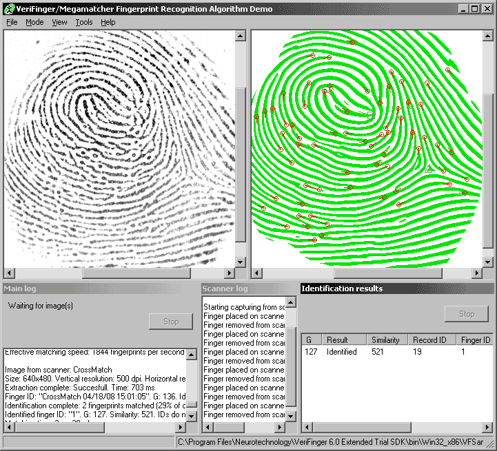 Fingerprint recognition technology demo for PC, works with readers and files