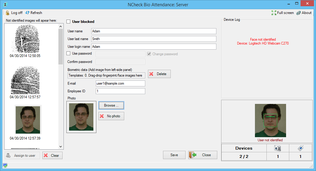 Attendance control with fingerprints or faces